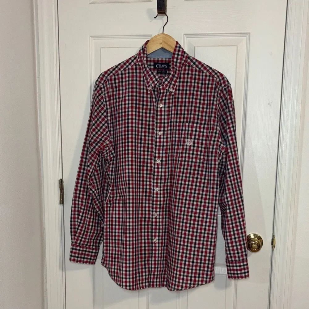 Chaps Men’s Red, white and Navy Blue Check Button-Down Shirt, Large